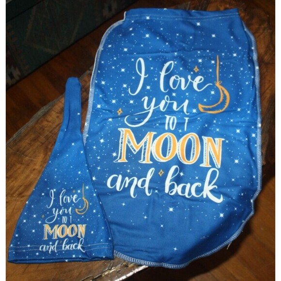 Baby Swaddle Blanket With Matching Beanie "I Love You To The Moon" Newborn Blue - Picture 3 of 4